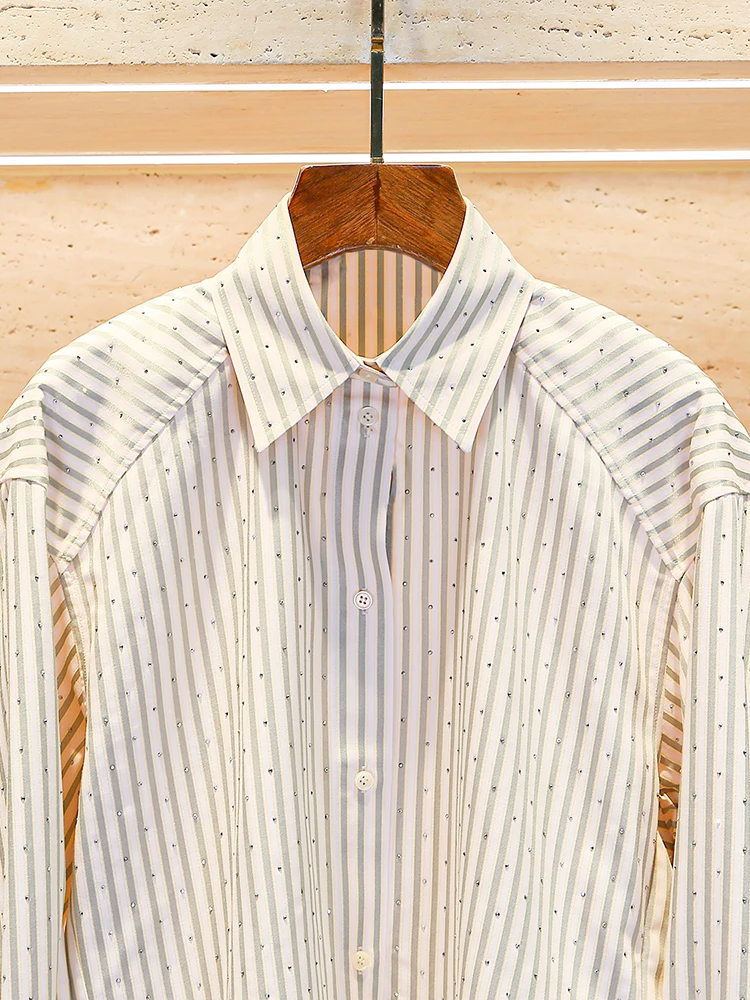 

S Home South Oil High End Women's Spring Design Stripe Rhinestone irt Top Straight Cut Commute Sle Long Sve Button up