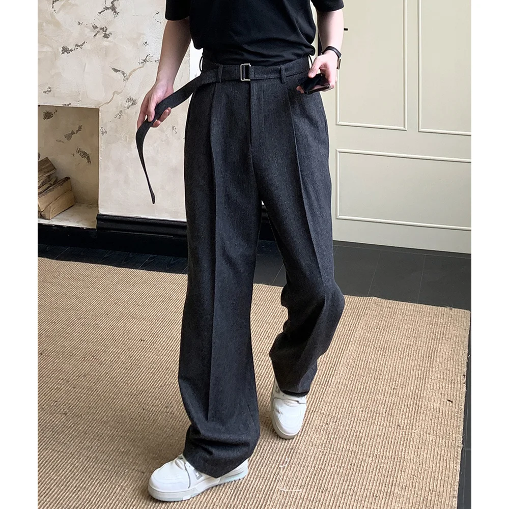 

Men Autumn Winter 50% Wool with Belt Loose Causal Korean Fashion Thicken Wide Leg Suit Pant Commuter Man Straight Baggy Trousers