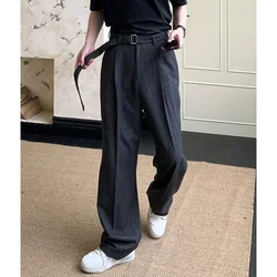 Men Autumn Winter 50% Wool with Belt Loose Causal Korean Fashion Thicken Wide Leg Suit Pant Commuter Man Straight Baggy Trousers