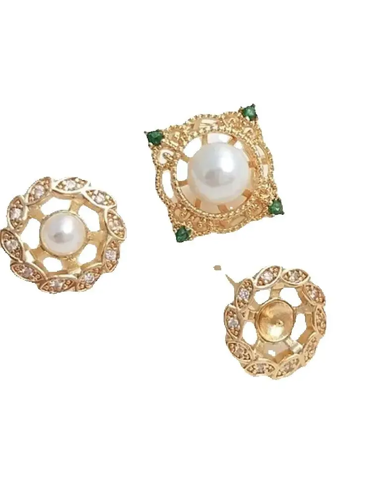 

14K Gold-Color Zircon Lace Round Square Inlaid with Sticky Beads S925 Silver Pin Stud Earrings Handmade Diy Earrings E087