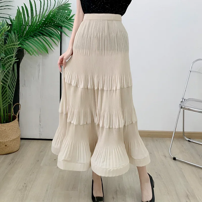 Miyake Elastic Waist Pleated Skirt Women's 2024 Summer Korean Style Straight High Waist Slim A-line Mid-length Umbrella Skirt