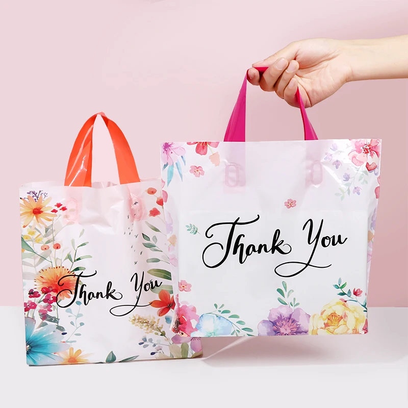 

10pcs Thank You Gift Bag Floral Pattern with Handles Wedding Birthday Favor Gift Packaging Bag Decor Travel Grocery Shopping Bag