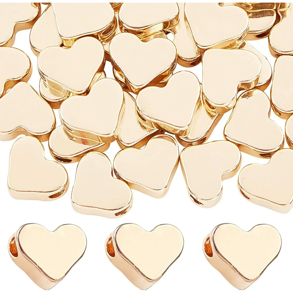 

60pcs 14K Gold Plated Heart Beads Heart Spacer Beads 6x7mm Metal Love Brass Loose Bead for Summer Necklace Bracelet Wedding