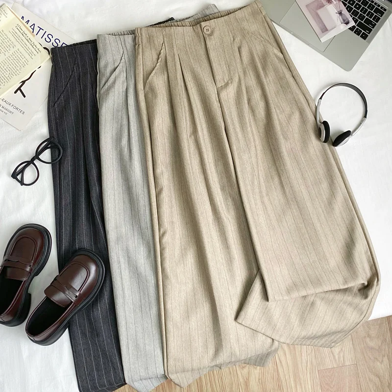 

Fashionable Stripe Wide Leg Pants Women's High Waist Straight Cut Summer Korean Style Retro Slimming Long Trousers