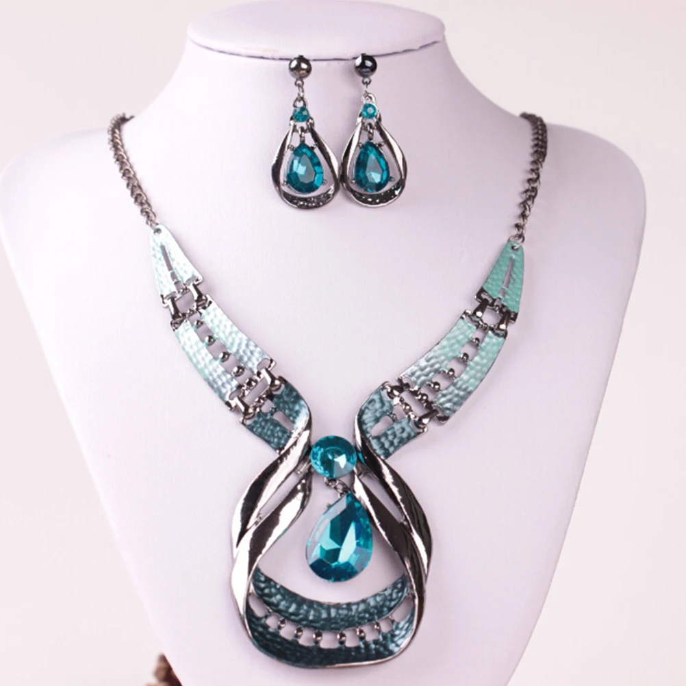 Fengshui Drop Necklace Rhinestone Necklace Earring Set Delicate Workmanship Easy Wear Jewelry Wedding Ethnic Style