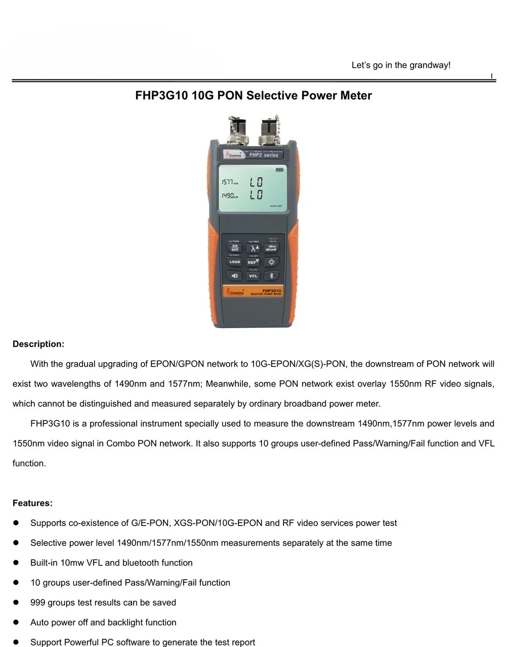 Grandway FHP3G10 10G PON Selective Power Meter 1490nm/1577nm/1550nm