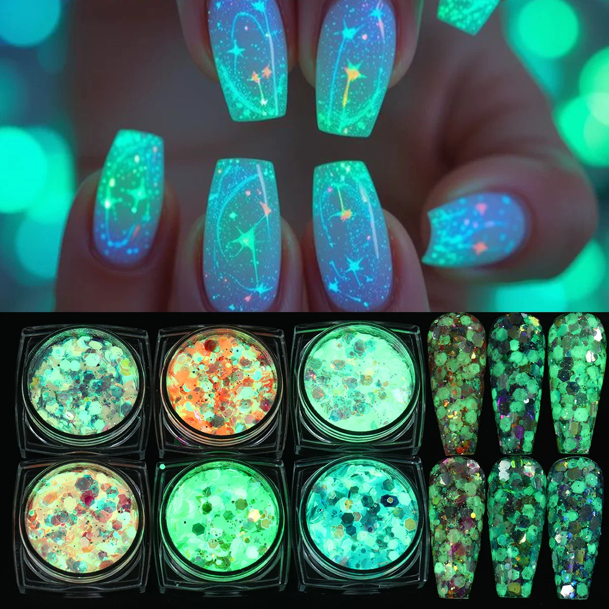 Poudre à ongles à paillettes scintillantes, 6 pièces/ensemble, sirène caméléon hexagone, paillettes pour Nail Art, dégradé Laser lumineux 3D, flocons d'ongles