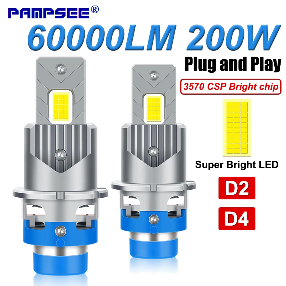 D2S D4S Led Car Headlights Bulb LED Car Light High Power 200W 1:1 Plug and Play 30 CSP Chip Turbo Lamp D4R D2R 6000K White 3570