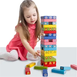 Tower Creative Board Games for Children Baby 54Pcs Wooden Building Blocks Toy Cartoon Animal Colorful Rainbow Domino Stacking