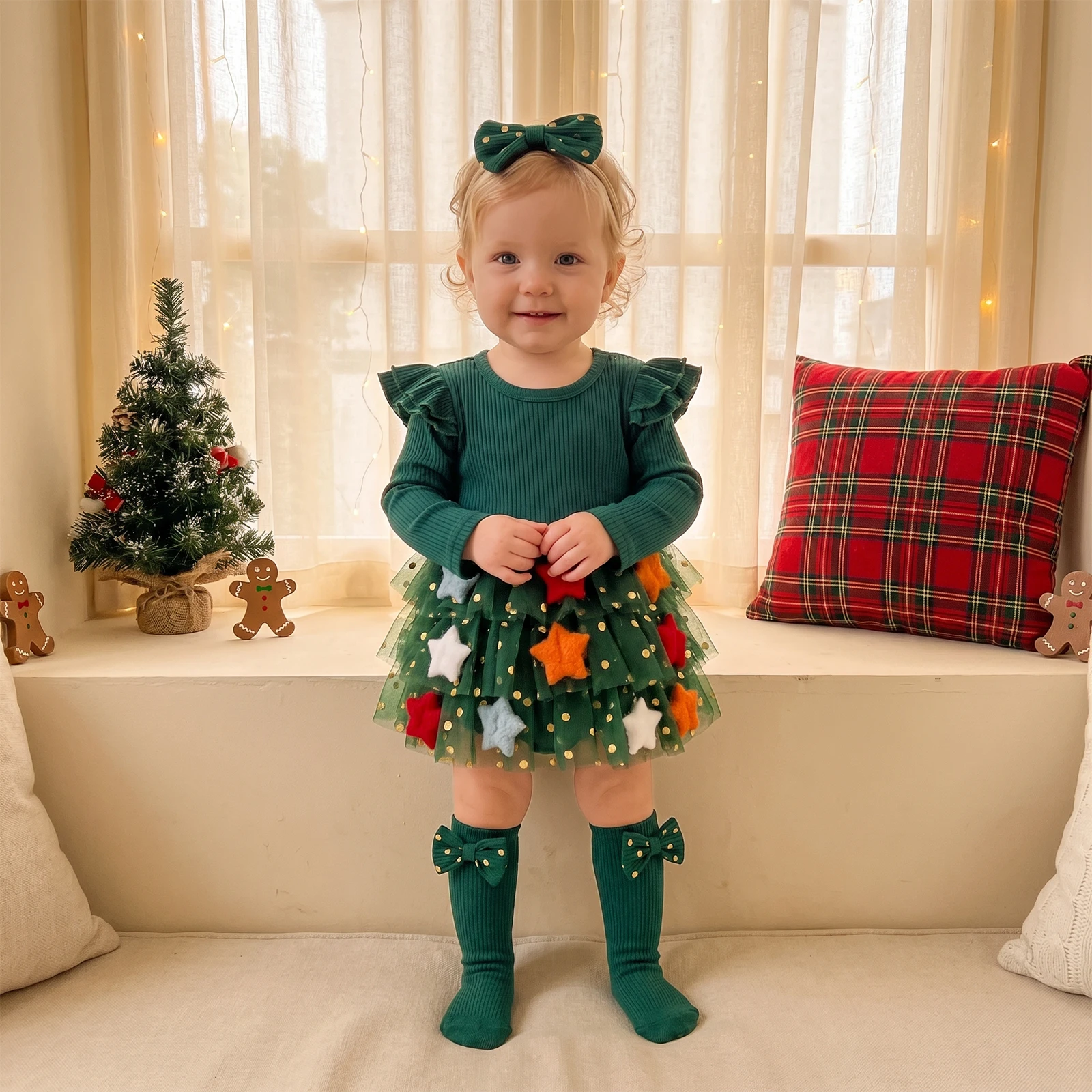 Baby Girls Christmas Bodysuits Outfit Long Sleeve Stars Romper Dress with Headband Socks Clothing Set
