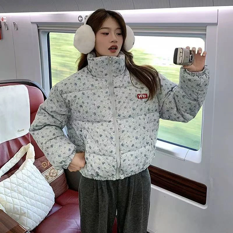 

Милые парки с цветочным принтом, пальто для женщин Y2K, зимняя теплая свободная укороченная куртка с воротником-стойкой, корейская универсальная верхняя одежда на молнии, новинка