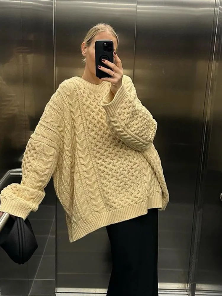 Pullover lavorato a maglia allentato Oversize maglione lavorato a maglia a maniche lunghe solido Casual Lazy O Neck maglieria 2024 autunno inverno Lady High Streetwear