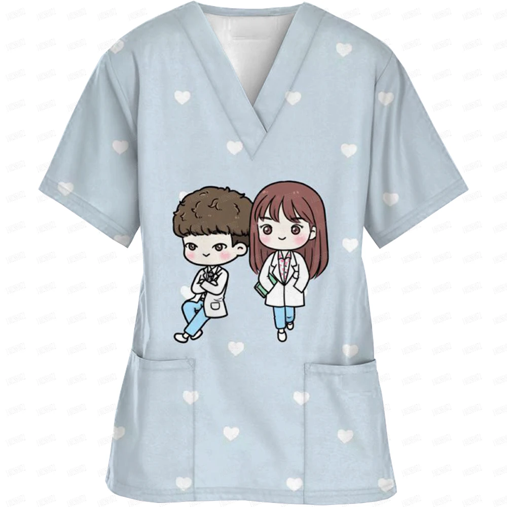 Cartoon Animal Dinosaur Clinic Dentist Nurse Uniform V-Neck Pocket Medical Uniforms Nursing Scrub Pediatric Clinic Tops Uniforme