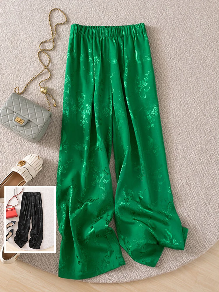 

Новые китайские женские брюки-палаццо с эластичным поясом, драпировкой и вышивкой перьями, прямого кроя, для повседневной носки