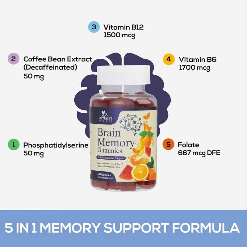 Brain supplement gummies for memory, focus and attention, phosphatidylserine and vitamins B6 and B12 Nature's are caffeine free