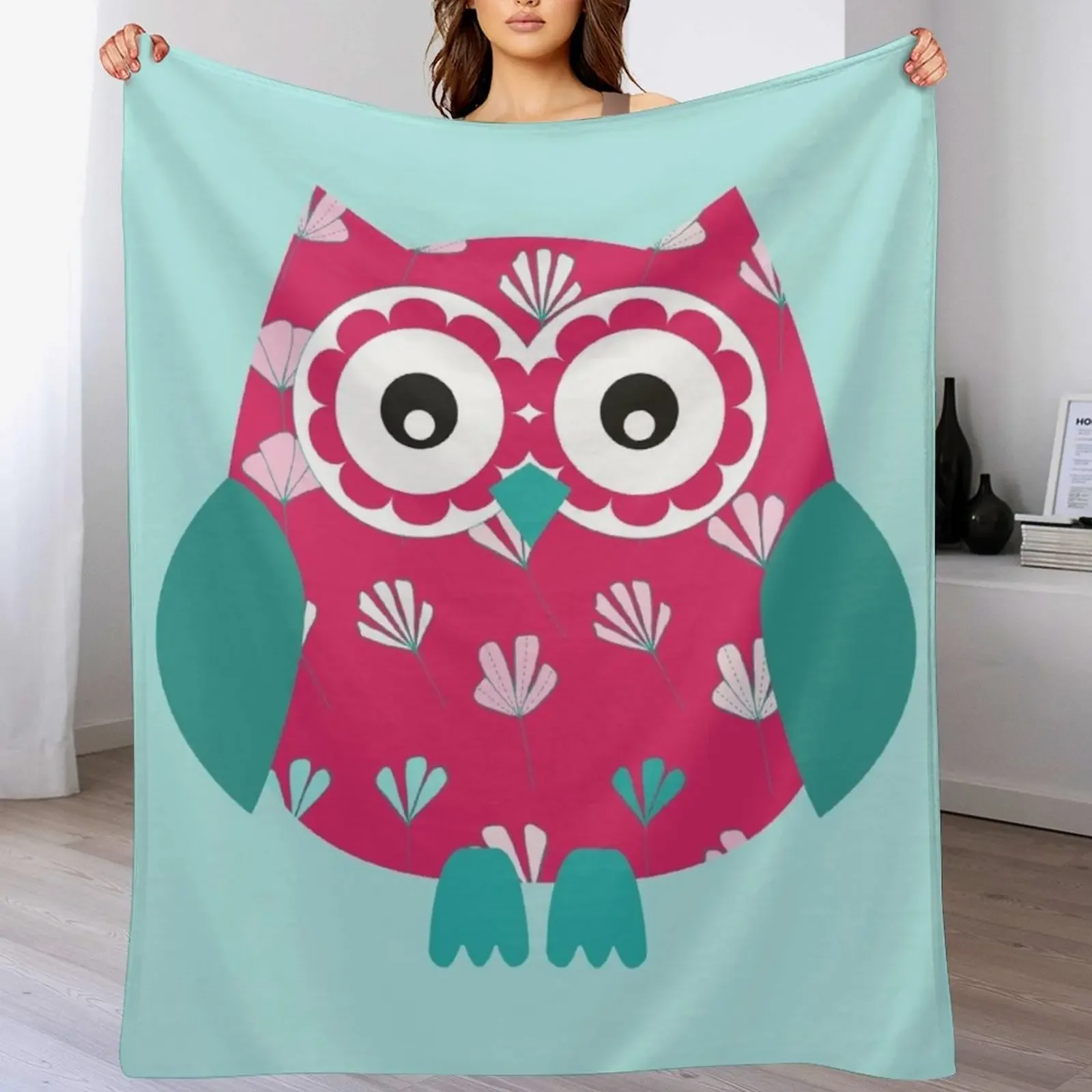 

Cute Owl with Floral Pattern in Pink and Teal Throw Blanket Multi Use Warm Blanket for Living Room Bedroom