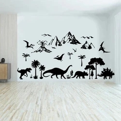 Cartoon Dinosaur Animal Forest Tree Wall Sticker  Kids Playroom Dino Bird Jungle  Volcano Mountains Wall Decal Nursery