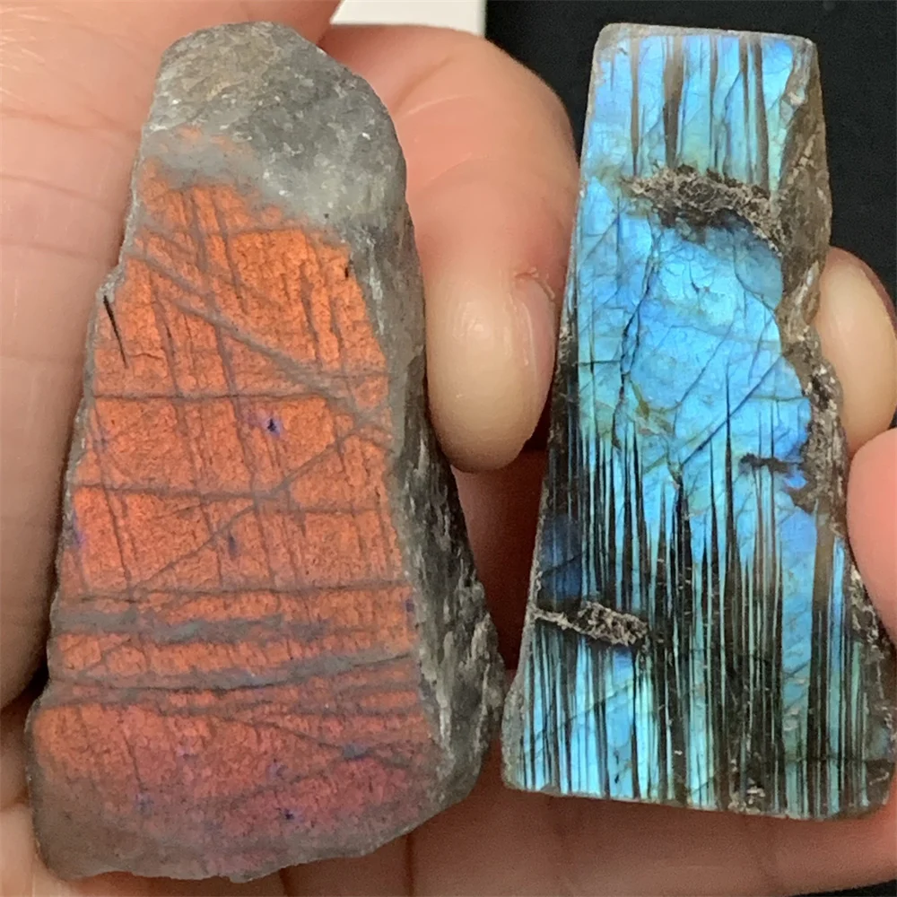 

2 шт. натуральных оранжевых бусин из голубого лабрадорита с полированной лицевой стороной и необработанной задней частью, украшения из камня лабрадор, образцы желтого, фиолетового и радужного цветов