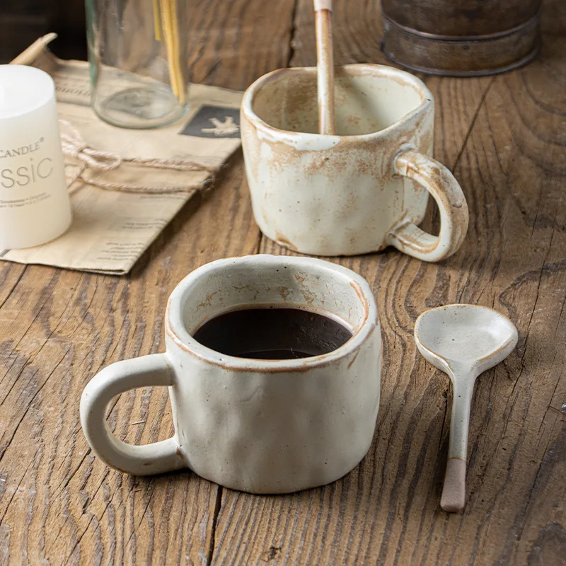 Japanese-Style Coarse Pottery Coffee Cup Hand-Pinched Vintage Ceramic Mug for Household Breakfast and Couple Water Cup Latte Cup