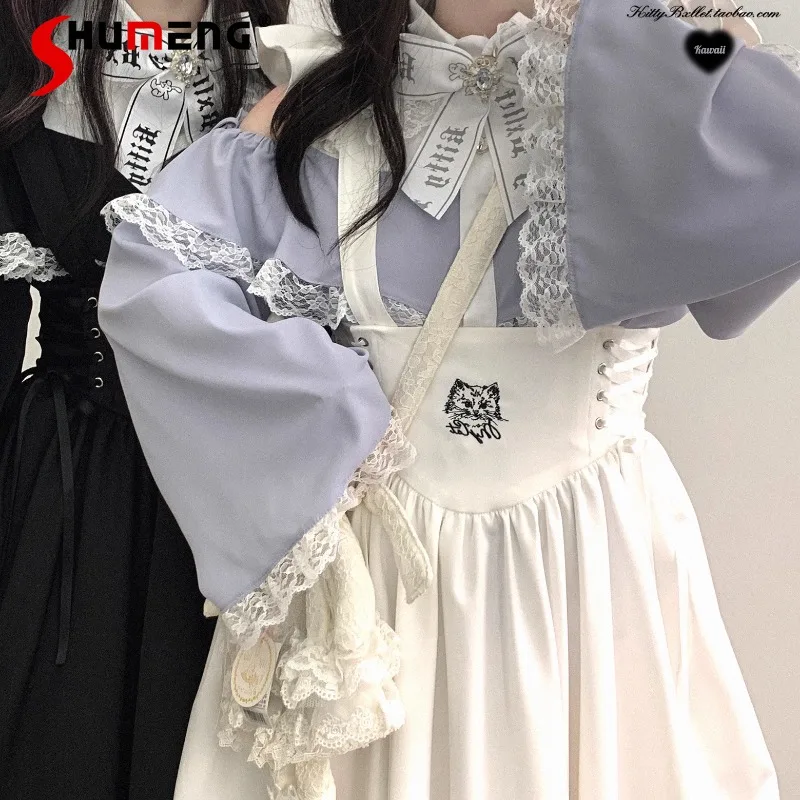 

2024 Autumn New Japanese Lolita Style Mass Production Sweet Strap Fly Sleeves Harajuku Long Skirts Kawaii Clothes Black Color