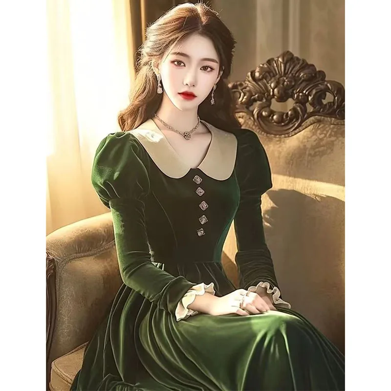 2025 Spring Autumn Golden Velvet Dress Women High End Casual Elegant Long-Sleeved Pullover Elegant Vestidos Green Dress Femme