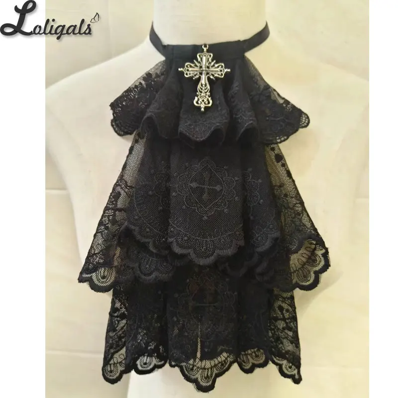 Original Handmade Cross Lace Jabot Neck Collar Lolita Accessories Gothic Cosplay Layered Ruffle Detachable Collar