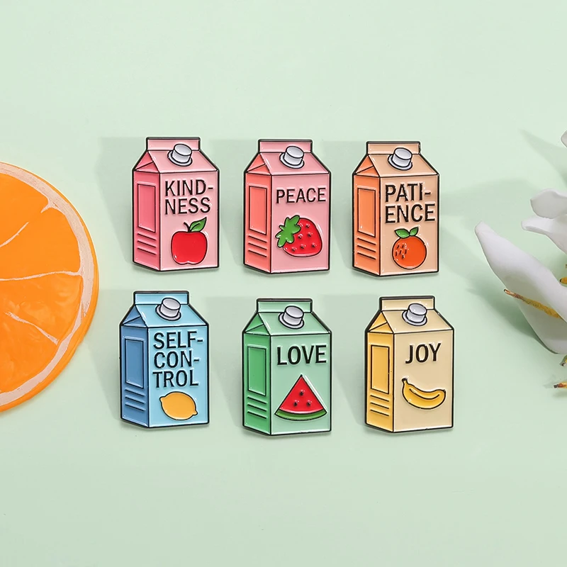 

Fruit Juice Box Enamel Pins Cute Cartoon Brooch Peace Joy Love Patience Kindness Self Control Cute Lapel Backpack Badge for Gift