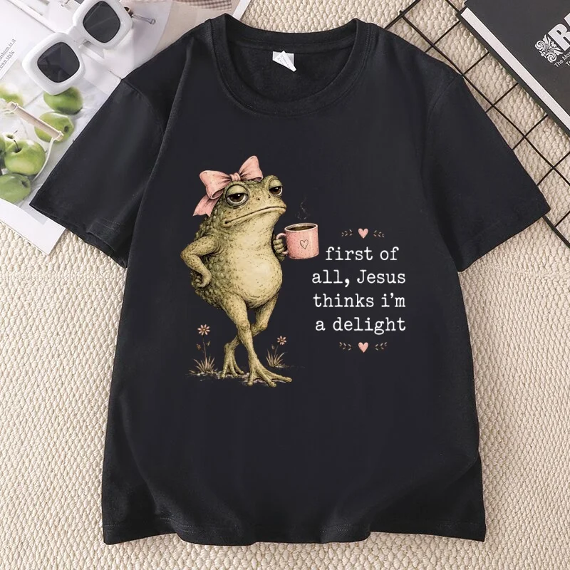 First of All Jesus Thinks I'm A Delight T Shirt Funny Christian Frog Coffee Graphic T-Shirt for Women Ladies Cotton Short Sleeve