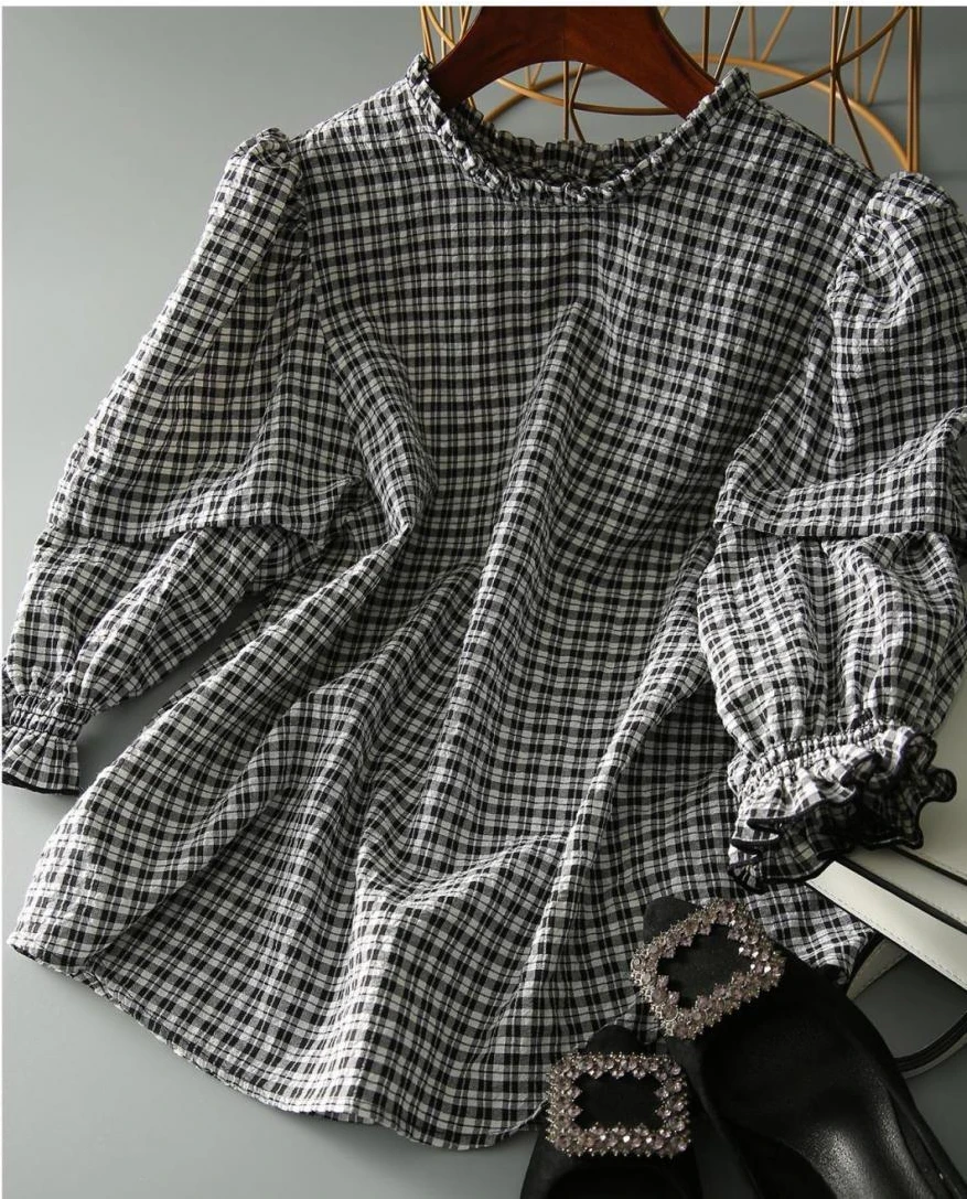 2023 Spring Summer New 3/4 Sleeve O-Neck Loose T-shirt Clothes for Women Folds Striped Plaid Printed Fashion Casual Tops