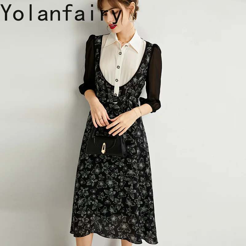 YOLANFAIRY 100% vestido de seda de morera auténtica para mujer, vestido negro Floral de gama alta con cuello camisero, vestidos elegantes para mujer