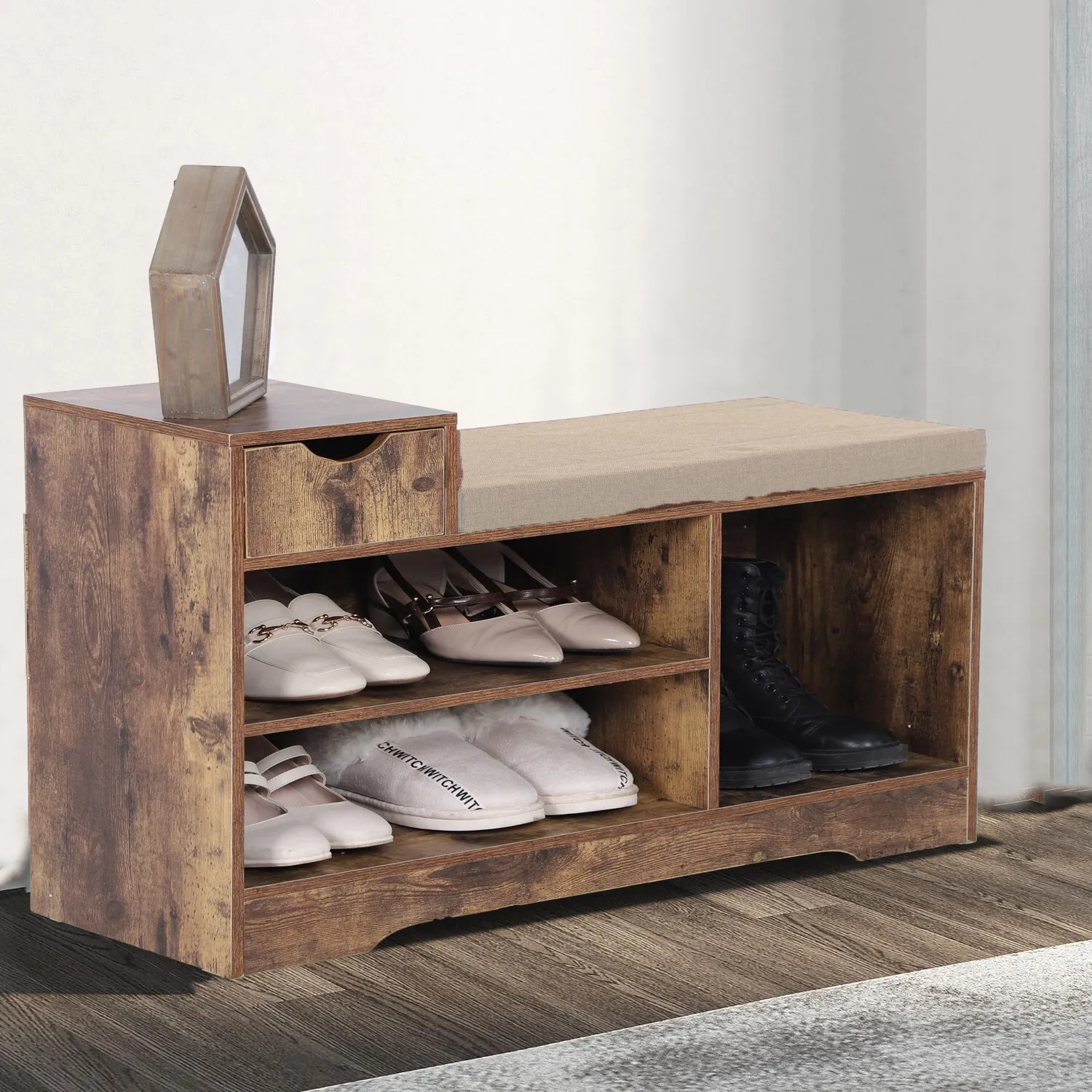 

Скамья для обуви 3-х уровневая полка для обуви Шкаф для хранения обуви с выдвижным ящиком и подушкой