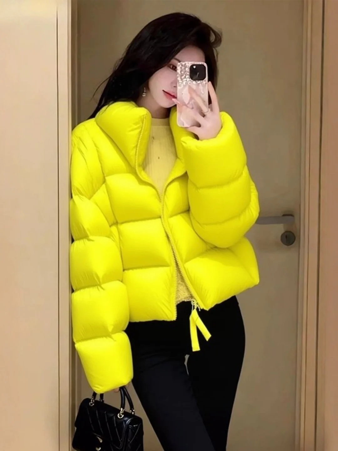 

Sli ort Puffer Jaet Women's Yellow Foamy Winter Coat Thi Outerwear Ele Sle Ci Casual Long Sve Zipper