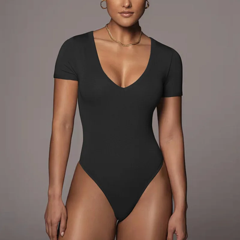 Body de manga corta con cuello en V para mujer, Tops sexys de una pieza, ropa de calle de moda, trajes de cuerpo negros, monos, ropa de verano para mujer 2024