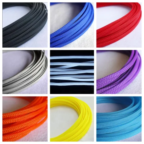 Mangas planas de PET de 3MM, 4MM, 6MM, 8MM, 10MM, 12MM, 16MM, Cable trenzado expandible, funda de piel de serpiente, negro, rojo, azul, verde, amarillo