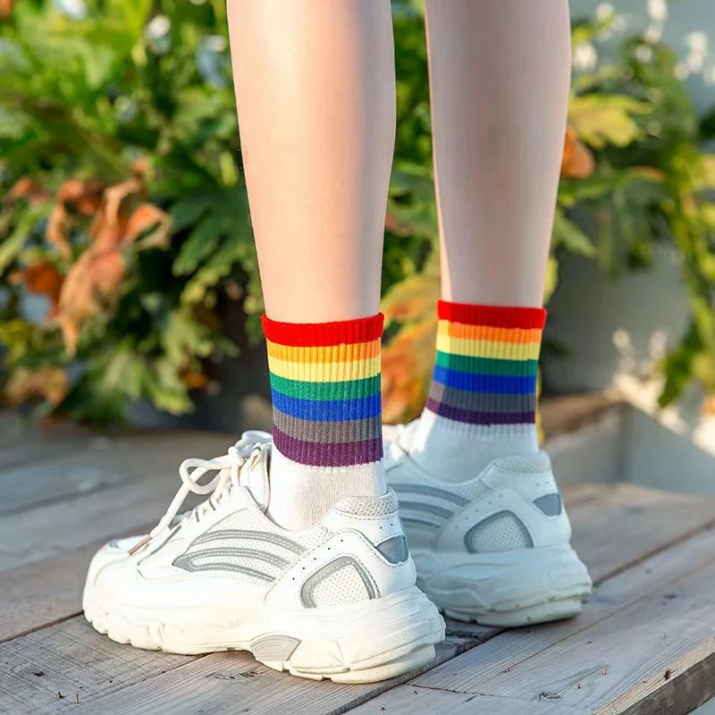 1 Pair Unisex Sripes Mid Women Socks Rainbow Color Harajuku 100 Cotton Breathable Socks Kawaii Ins Happy Funny Socks Size 35-42