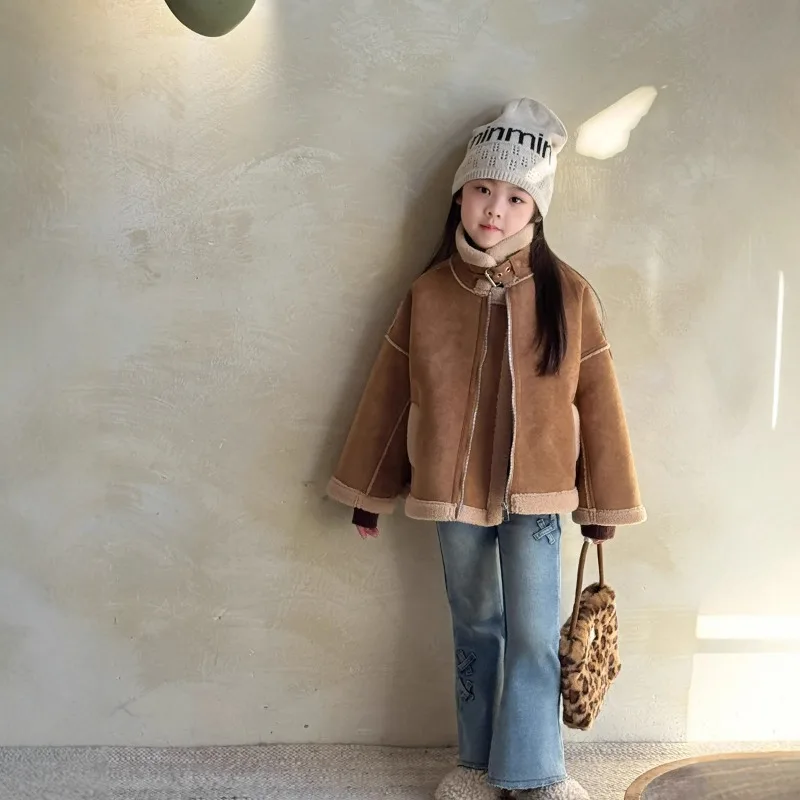 

Baby Boys' and Girls' Winter Fur One-piece Coat, 2025 New Children's Thick Lamb Fur Suede Motorcycle Suit