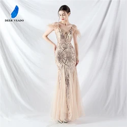 DEERVEADO Luxury Evening Dress with Feathers for Woman Elegant Mermaid Sequined Formal Occasion Dress Prom Party Maxi Dresses