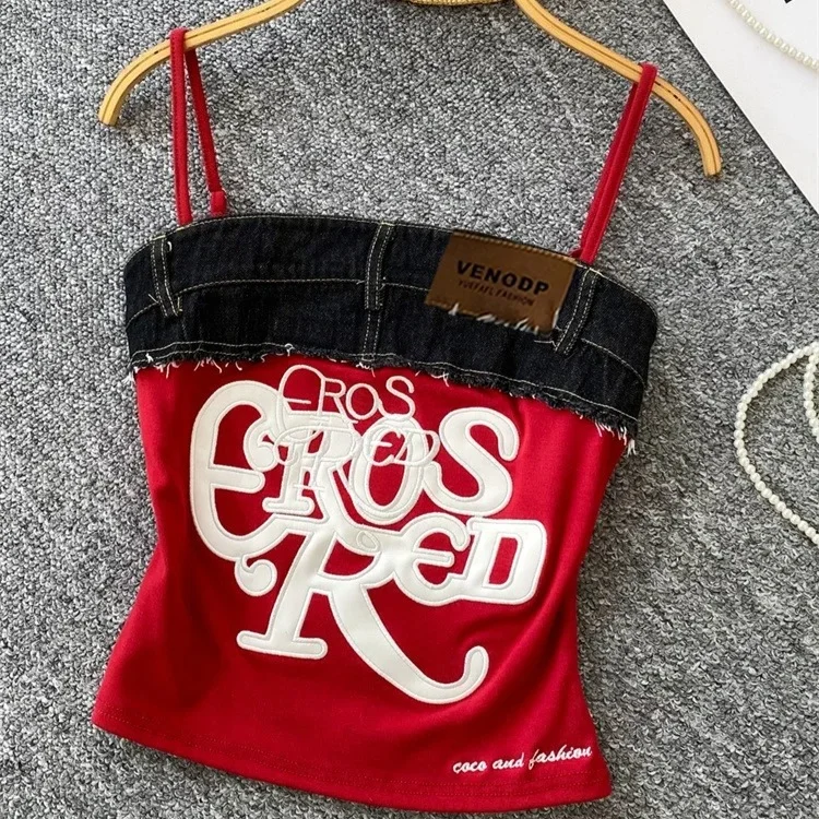 

Women Y2K Camis Streetwear Vintage Acubi Letter Embroidery Denim Strap Tops Sleeveless Spicy Slim Tank Crop Top
