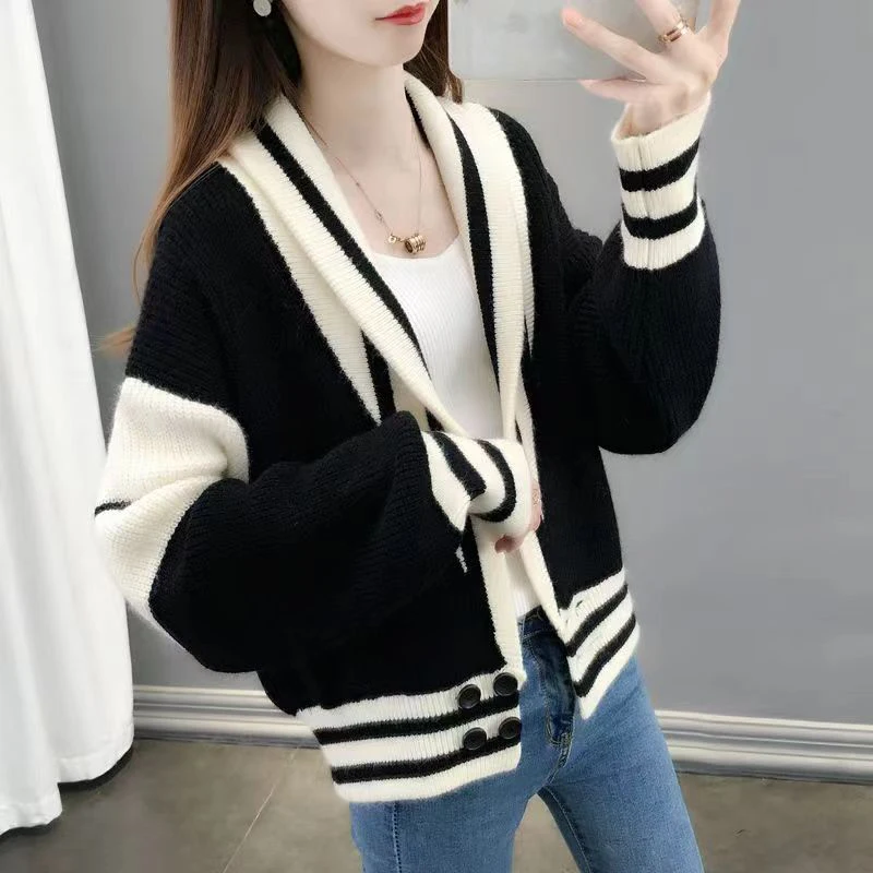 Patchwork Sweater Women Knitted Loose Elegant Black White Fashion Cardigan Lazy Strip V-neck Long Sleevekorean Female Jumpers