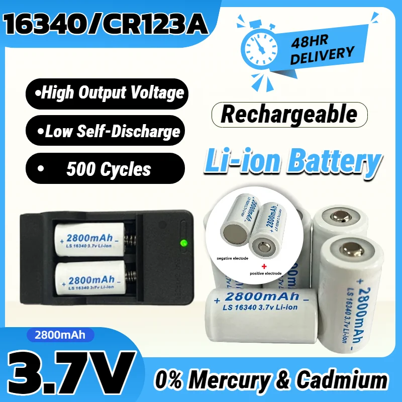

CR123A Rechargeable Battery 3.7V 2800mAh with Charger, DL123A EL123AP K123 Ls16340 for Safety Camera, High Capacity Li-ion