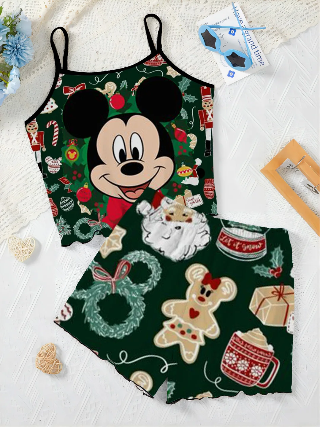 Pajama Skirt Top Women's Suit Home Dress Christmas Disney Minnie Mouse T-shirt Short Sets Mickey Lettuce Trim Pieces Elegant Top