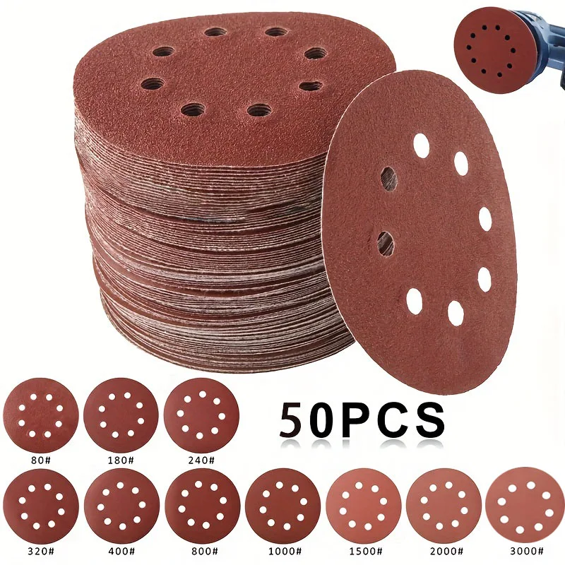 

50 12.5 cm/4.92 inch sandpaper round sand trays - 8-hole hook and loop sanding pads for polishing and sanding