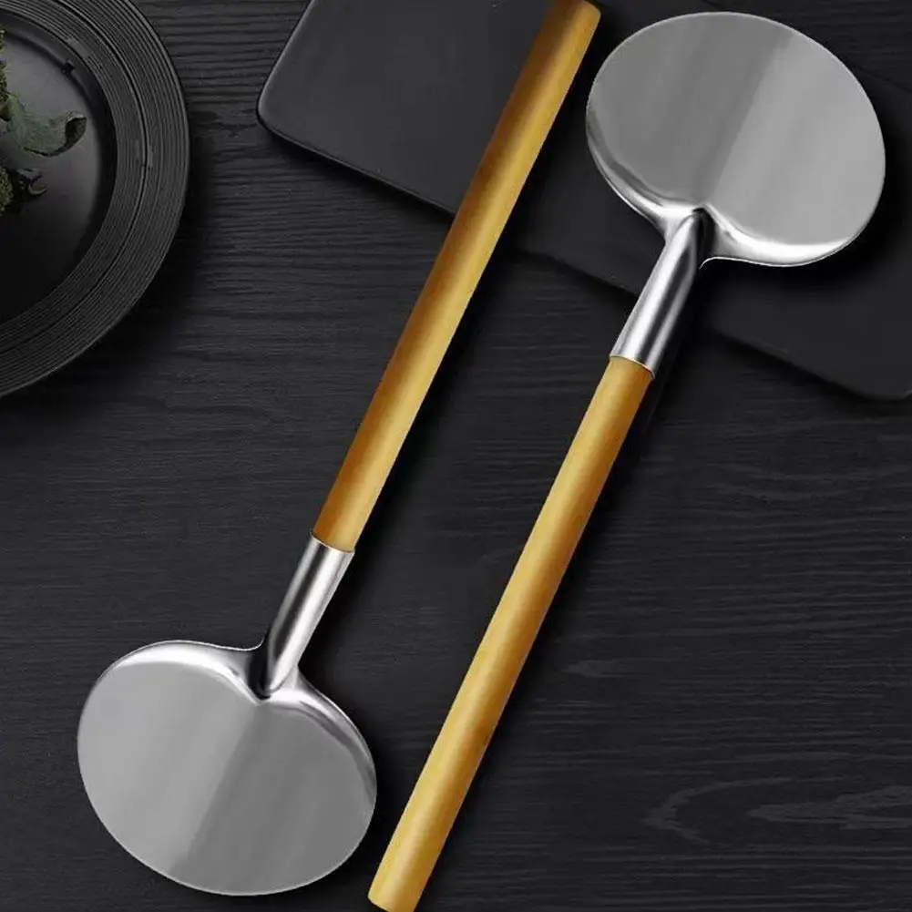Country Home Wood Handle Stainless Steel Round Mouth Original Spatula Non-Stick Tujia Wooden Group Ethnic Handle Wok E0X4