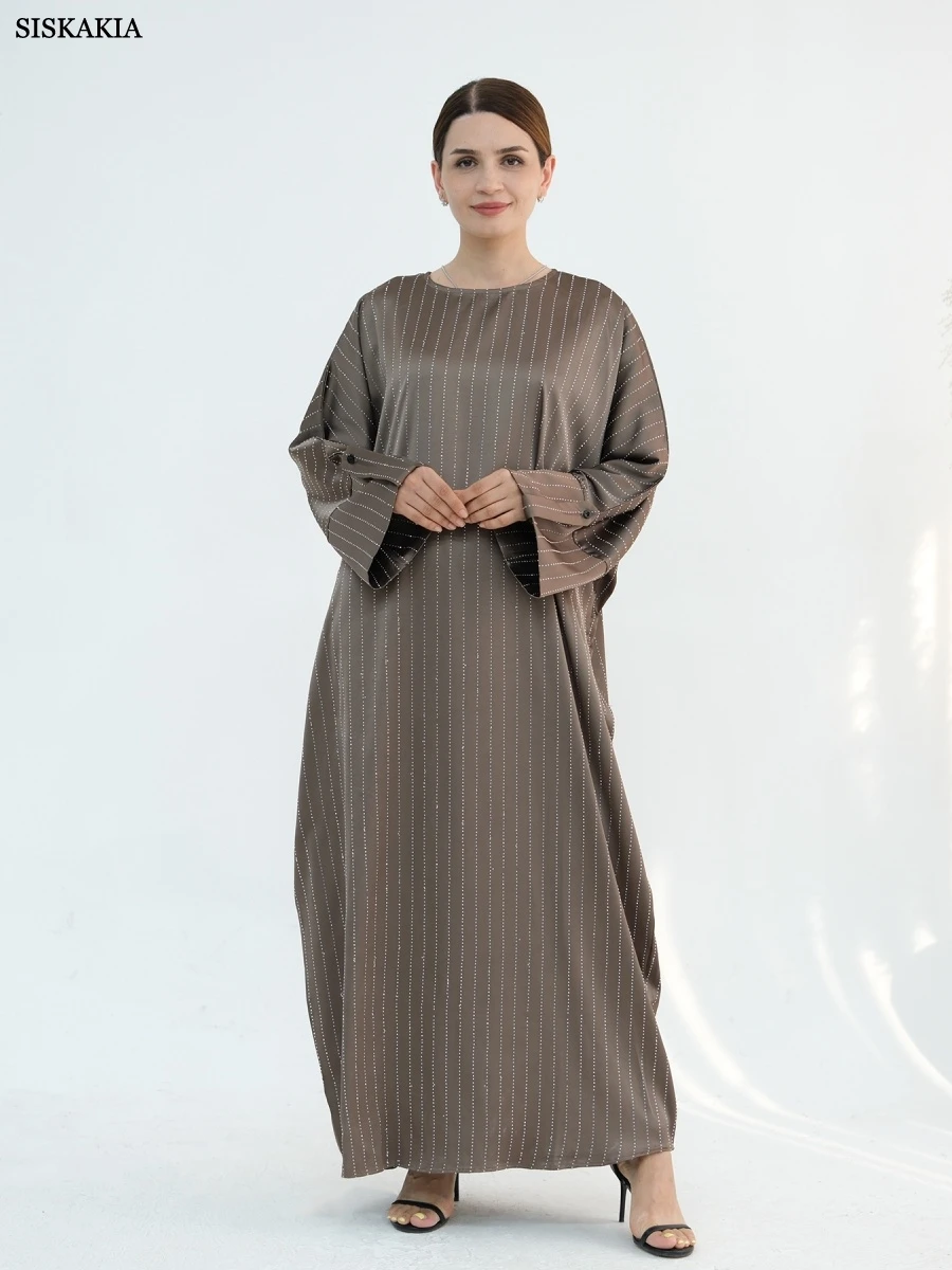 

Siskakia Muslim Stripe Dress Party Batwing Sleeve Dresses Kaftan Abaya Dubai Folds Sleeve Caftan Marocain