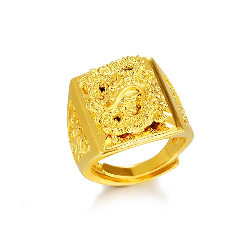 

Pure Yellow Gold Color Ring for Men Luxury Engraving Dragon Adjustable Rings Gentleman Wedding Party Jewelry Gift 2021 Trend