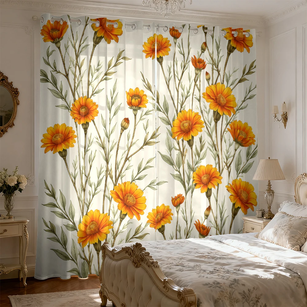 2pcs Hand-painted Vintage Orange Floral Blackout Curtains Decorative Window Drapes for Living Room Bedroom Easy Installation