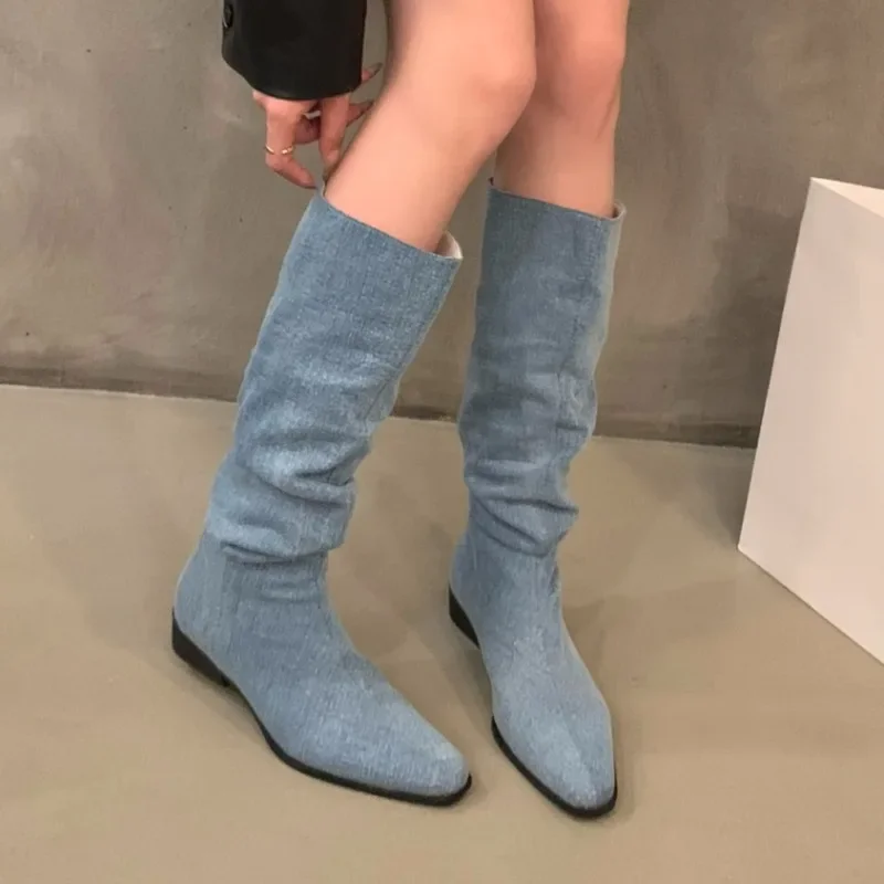 Buty damskie 2024 Fashion Sleeve Women Boots Autumn Winter Pointed Toe Denim Solid High Tube Chunky Heels Boots Zapatos Mujer