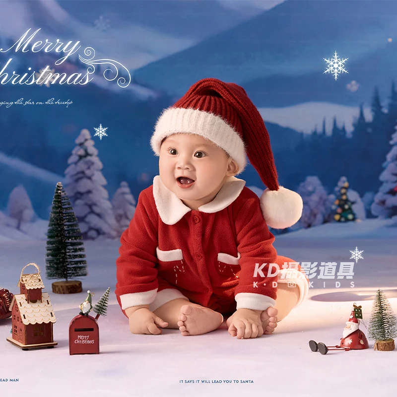 

3-4month Baby Santa Claus Costume with Pom-pom Hat Professional Newborn Photography Outfit Mini Christmas Tree &House Photo Prop