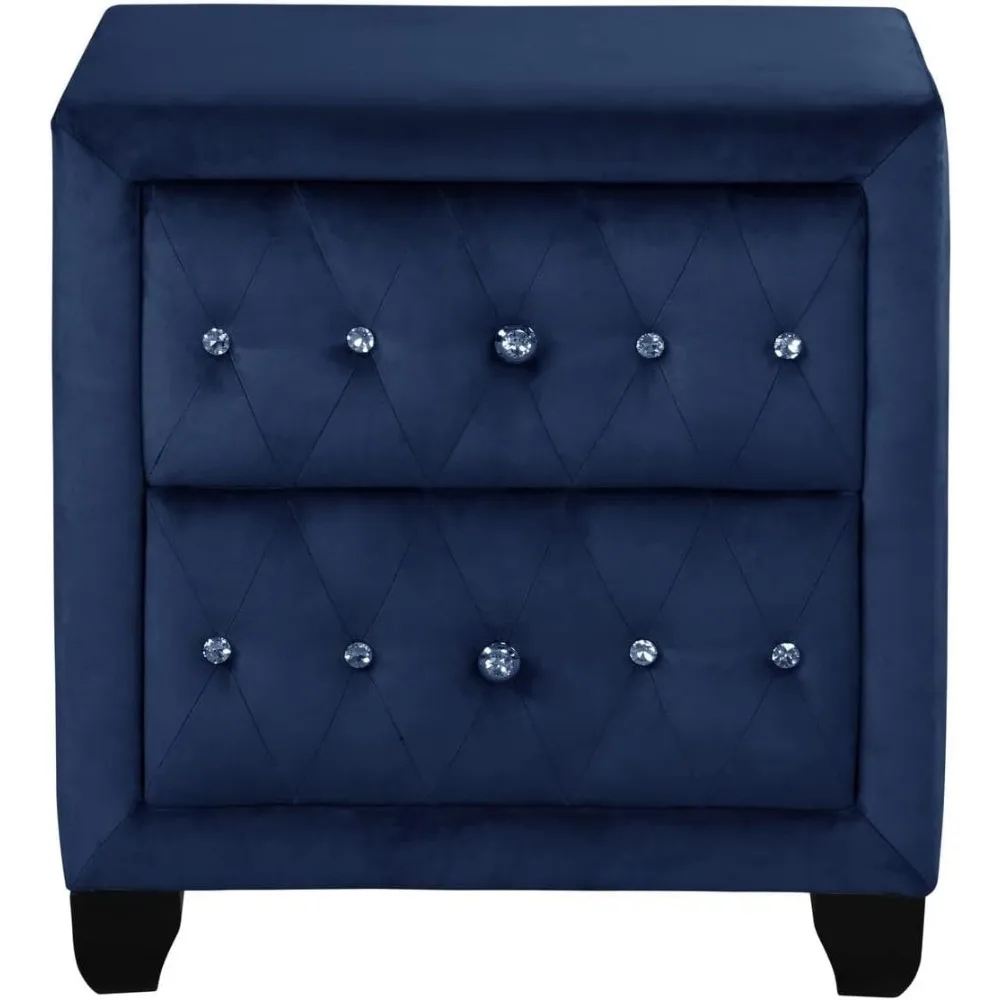 2 Drawer Nightstand, Crystal-Like Button Tufted Fabric Fully Upholstered Night Stand with Two Storage Drawers