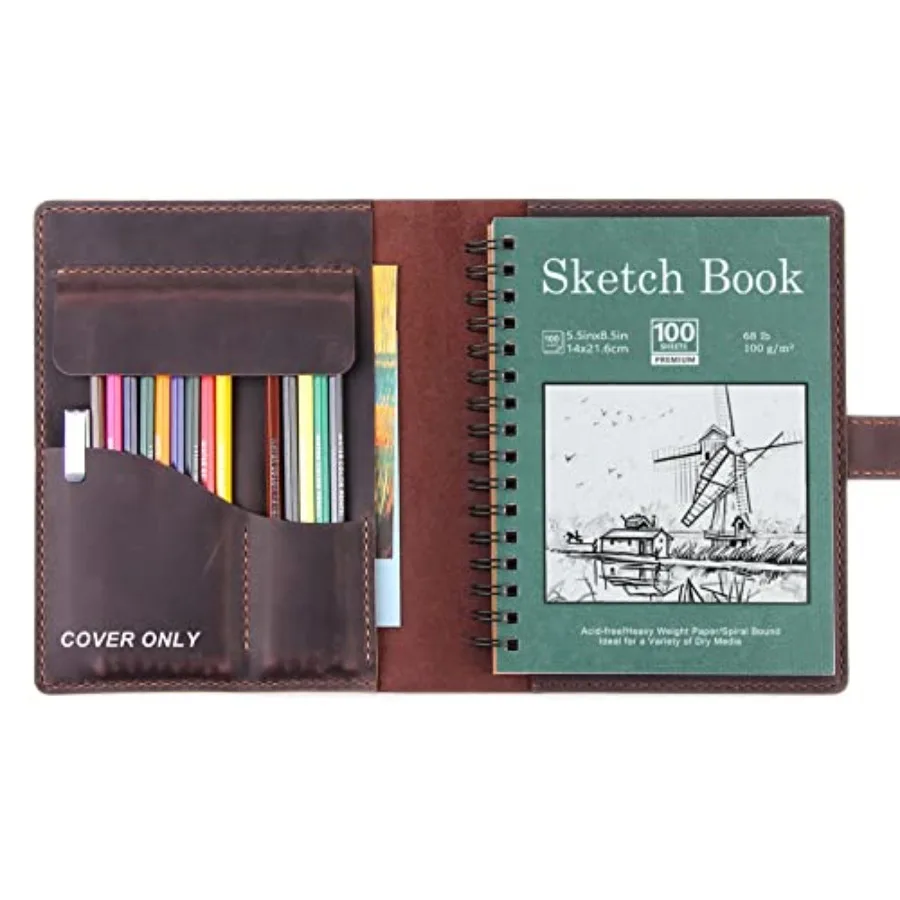

Handmade Leather Sketchbook Cover, Leather Artist Sketch Pad Cover for 5.5" x 8.5" Sketchbook, Drawing Book and Pencil Case, Jo